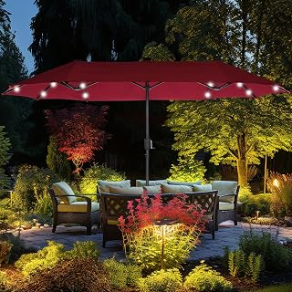 13 ft Patio Umbrella with 36 LED Lights, Large Rectangle Outdoor Solar Umbrella with Strap, Crank, Red