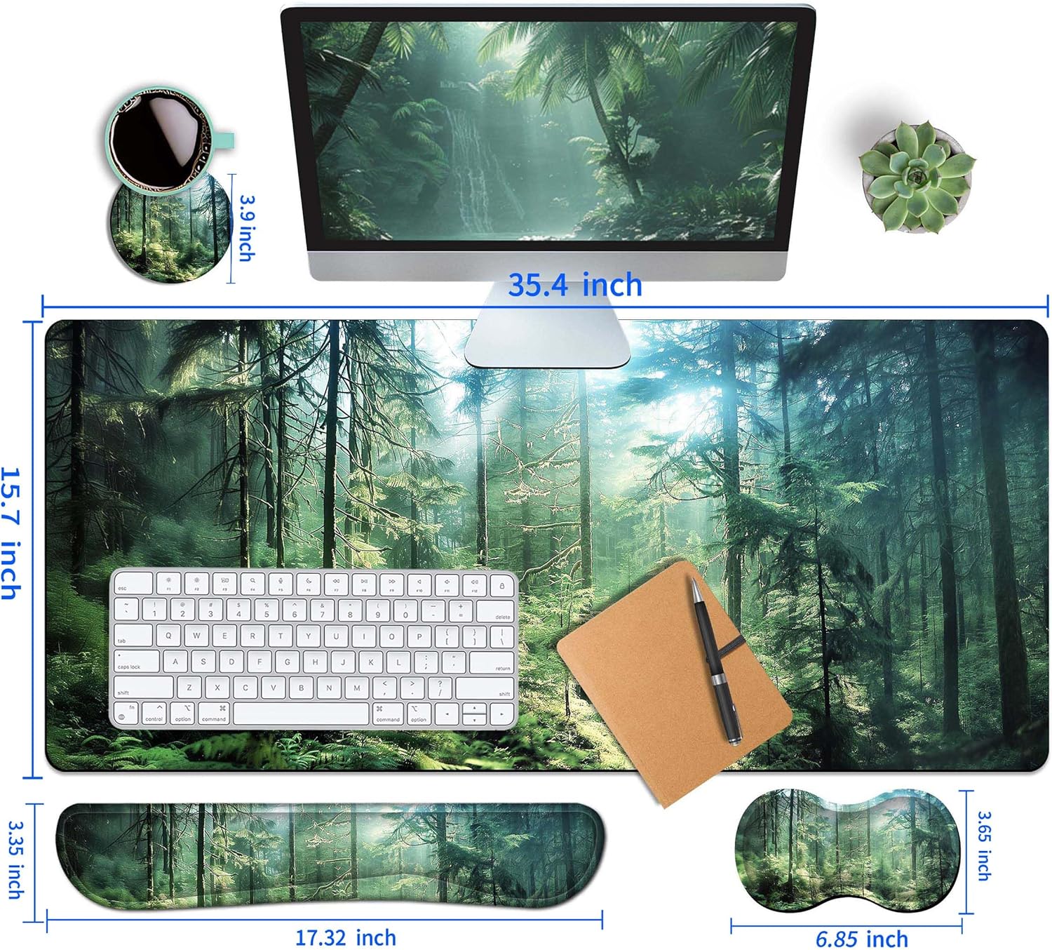 4-Piece Extended Large Mouse Pad Set for Women Men with Green Forest Design Includes 35.4 x 15.7 XXL Large Mouse Pad Keyboard Wrist Rest Mouse Wrist Support and Coaster for Office Home