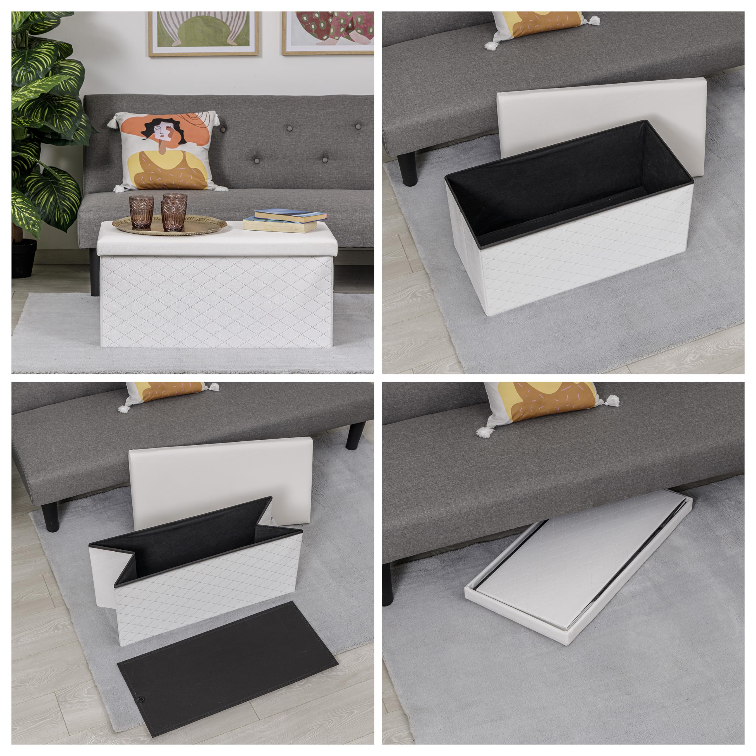 Baroni Home Baúl Plegable, Contenedor de Almacenaje, Reposapiés 76x38x38 cm, Cuero Sintético, Blanco