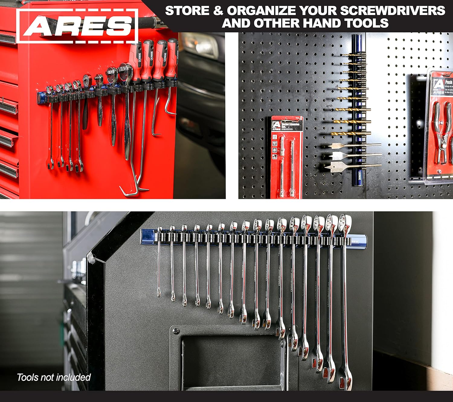 ARES 62027 - Blue 16.5-Inch Hand Tool Holder - Aluminum Rail Stores up to 16 Screwdrivers or Small Tools and Keeps Your Garage Organized