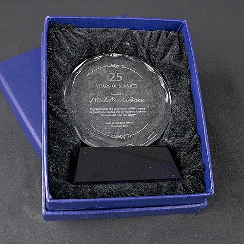 Miniatura 4 de Placa de cristal personalizada de faceta redonda en la base azul, premio de vidrio grabado personalizado para apreciación, reconocimiento,