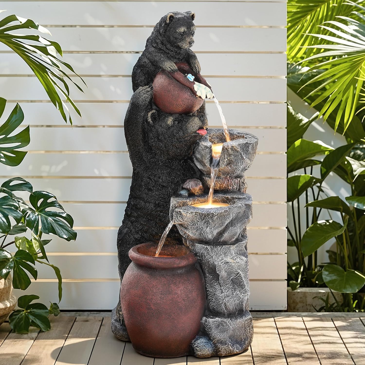 37.5" H Resin Playful Twin Bear Fountain Outdoor, Whimsical Multi-Tiered Stone Vessel Water Feature Outdoor with Lights, Soothing Cascading Waterfall for Patio, Backyard, Garden or Porch