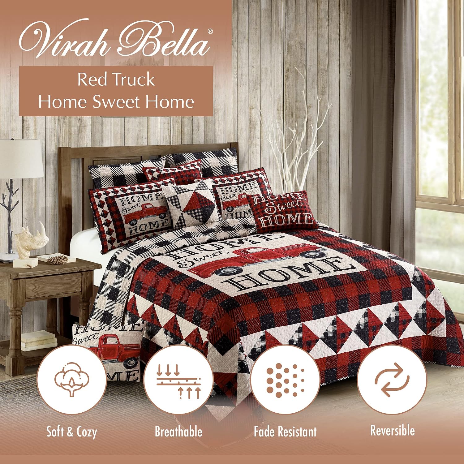 Virah Bella 3 Piece King Cabin Quilt Bedding Set - Strain Red Truck Home Sweet Home - Rustic Wildlife Country Reversible Camping Comforter with Decorative Pillow Shams, Red/White