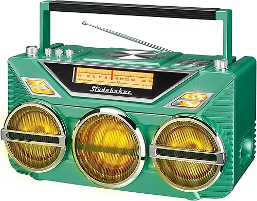 Miniatura 6 de Retro Studebaker Avanti Stereo Boombox con CD, radio estéreo FM, recepción y transmisión Bluetooth, espectáculo de luz LED y subwoofer de 15 W para