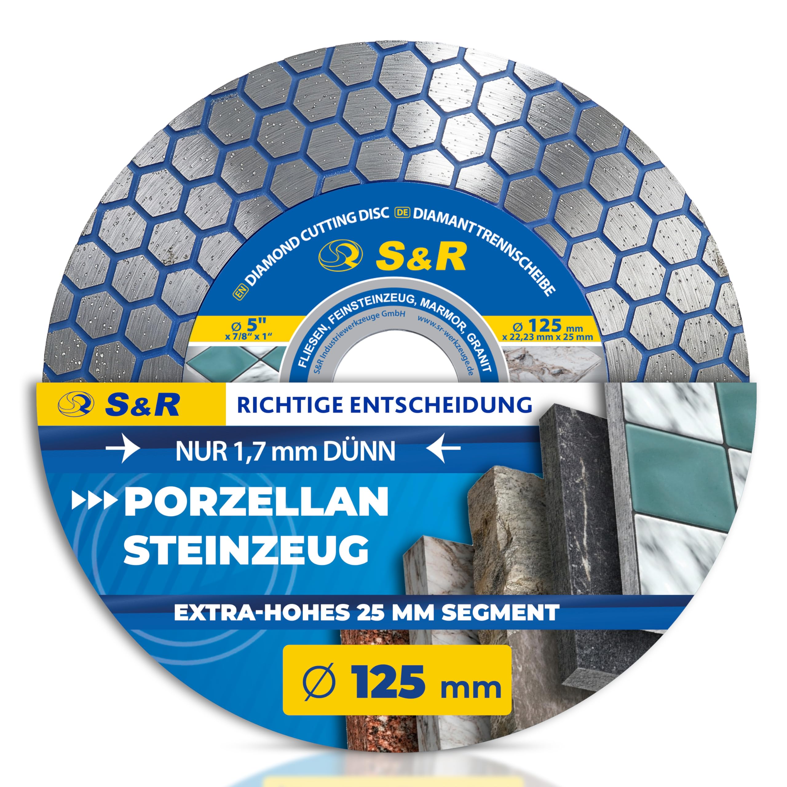 S&R Diamentowa tarcza tnąca, tarcza do cięcia 125 mm, tarcza diamentowa 125 mm, tarcza kamienna, 125 mm diamentowa tarcza tnąca 125 x 22,23/25 x 1,7 mm do porcelany, gresu, twardych płytek, kamienia