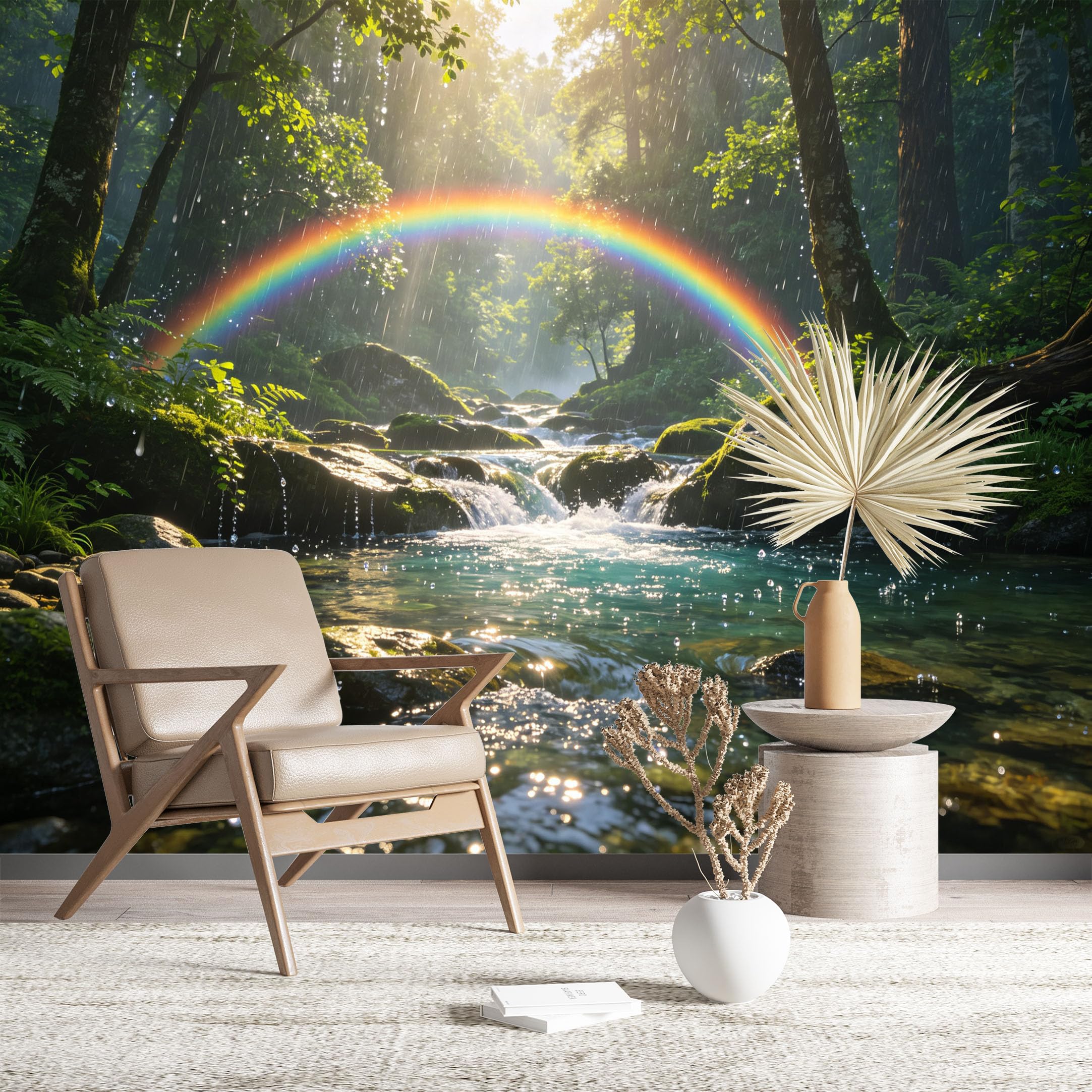 Custom Size Wall Murals Rainbow Forest Stream Wall Murals Nature Wallpaper HD Self-Adhesive Removable Wallpaper for Living Room Bedroom
