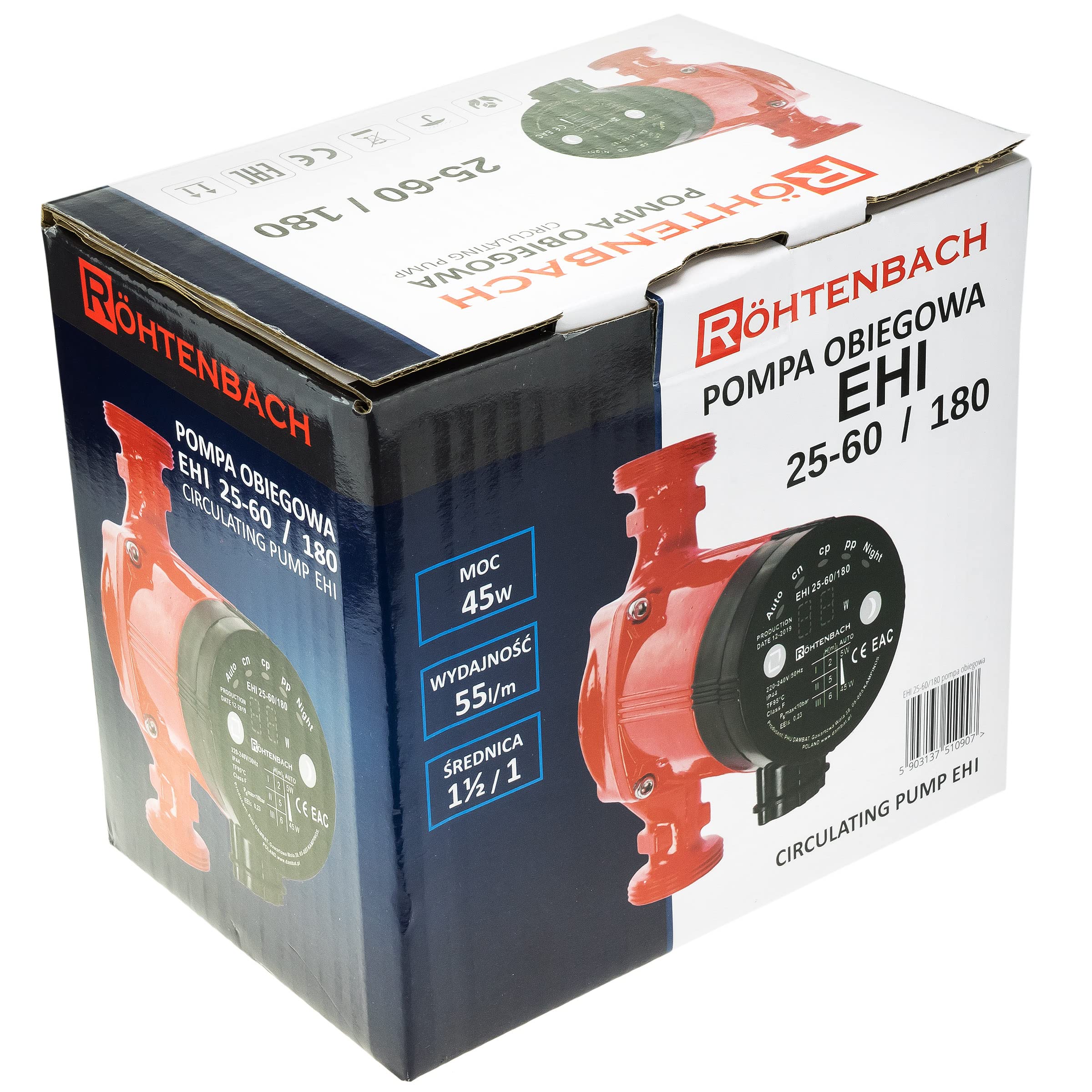 Röhtenbach Pompa di circolazione 25-60/180, pompa di riscaldamento ad alta efficienza, 6 m