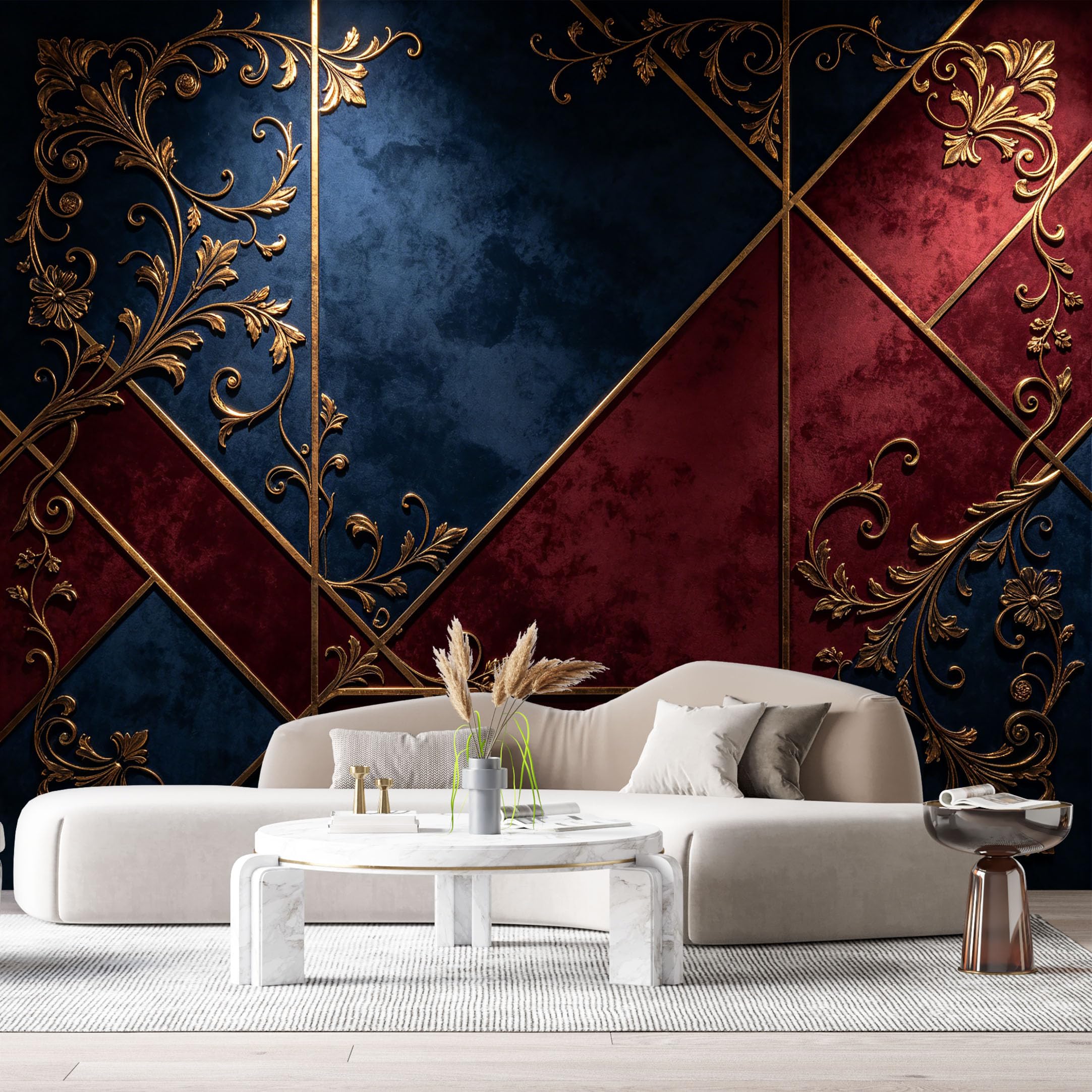 Custom Size Wall Murals Neoclassical Geometric Textured Gold Floral Pattern SelfAdhesive Wall Fabric Removable Large Wallpaper for Photo Living Room