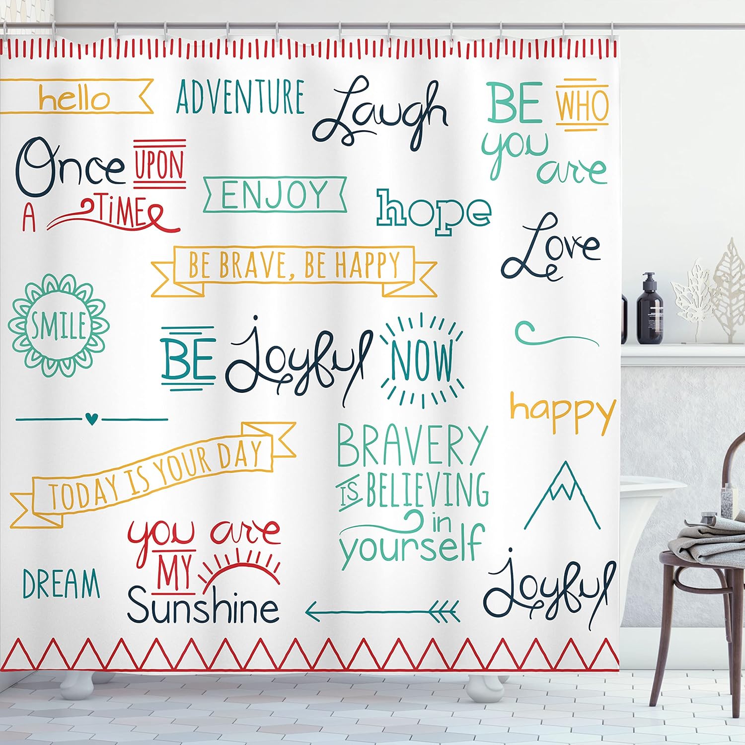 Ambesonne Adventure Shower Curtain, Various Words on Happiness and Self Value Uplifting Phrases Being Who You are, Cloth Fabric Bathroom Decor Set with Hooks, 69" W x 70" L, Marigold Teal