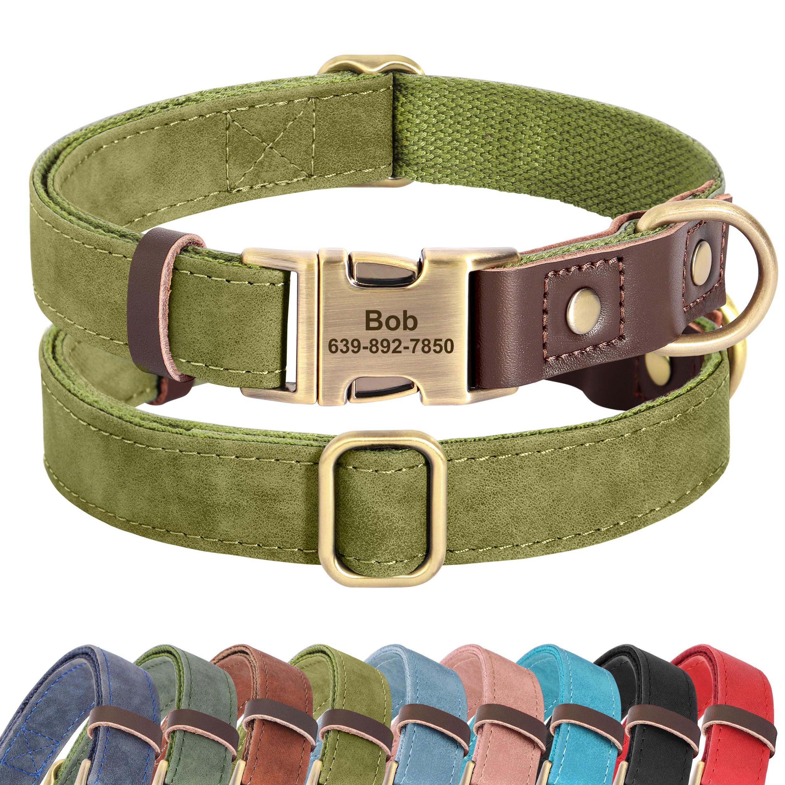 Didog Personalised PU Leather Dog Collar, Soft Durable Custom Dog Collars, Adjustable Dog Collar with Name Plate and Quick Released Metal Buckle for Small Medium Large Dogs, Olive Green, S — image 1