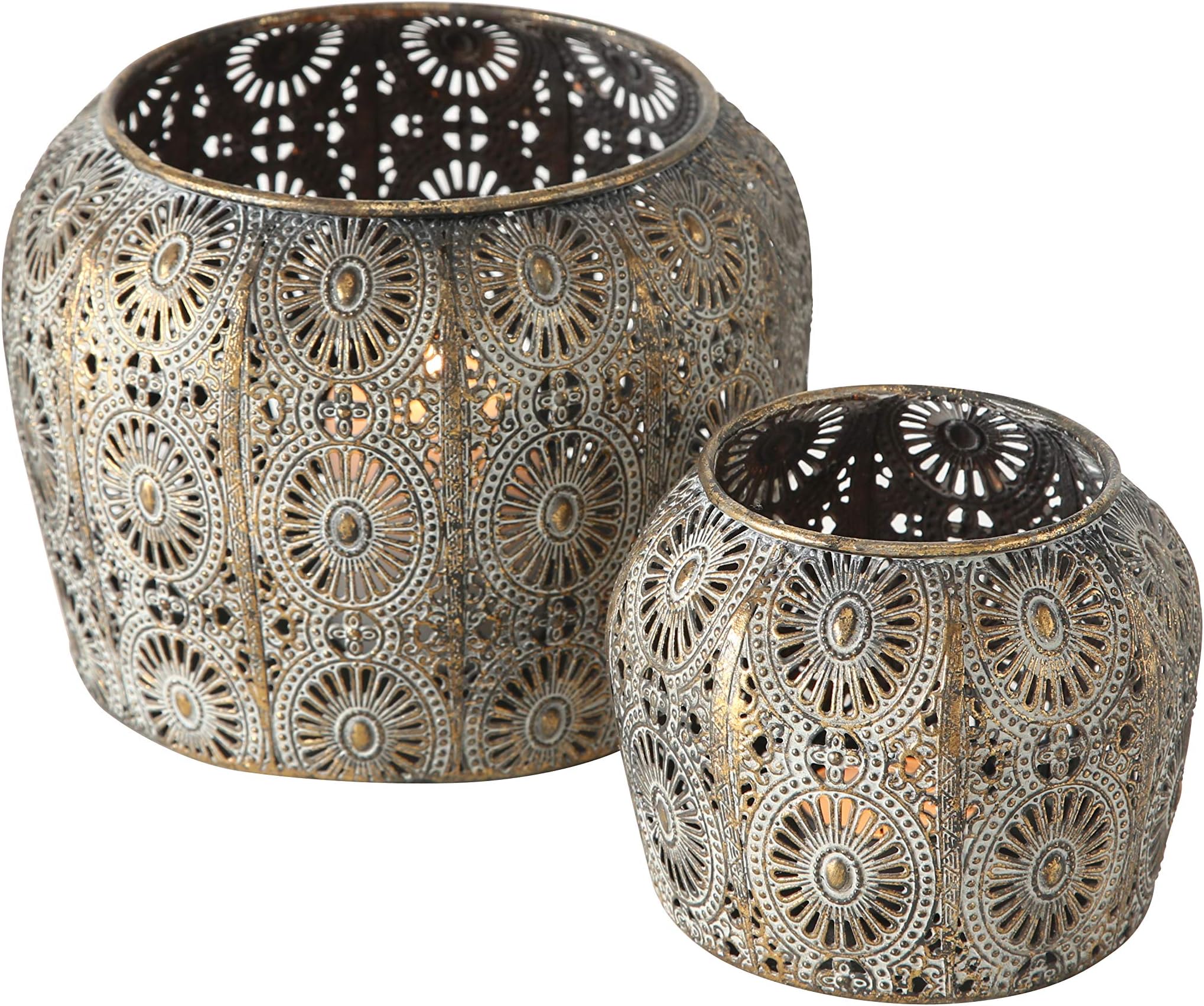 2 Piece Daisy Hurricane Lantern Set, Lattice, Mandala Pattern Metal Work, Distressed Gold, White Gray Patina, Iron, Larger 7 Diameter x 5 Tall inches, Smaller 4.25 Diameter x 4 Tall inches