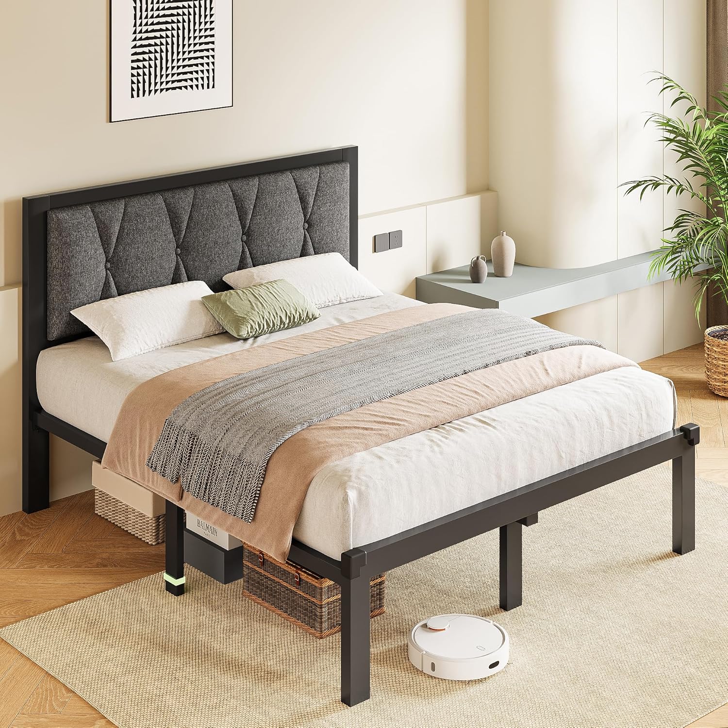 Queen Size Bed Frame with Button Tufted Headboard, Linen Upholstered Platform Bed Frame, Metal Bed Frame with Steel Slats Support, No Box Spring Needed, Easy Assembly, Dark Gray