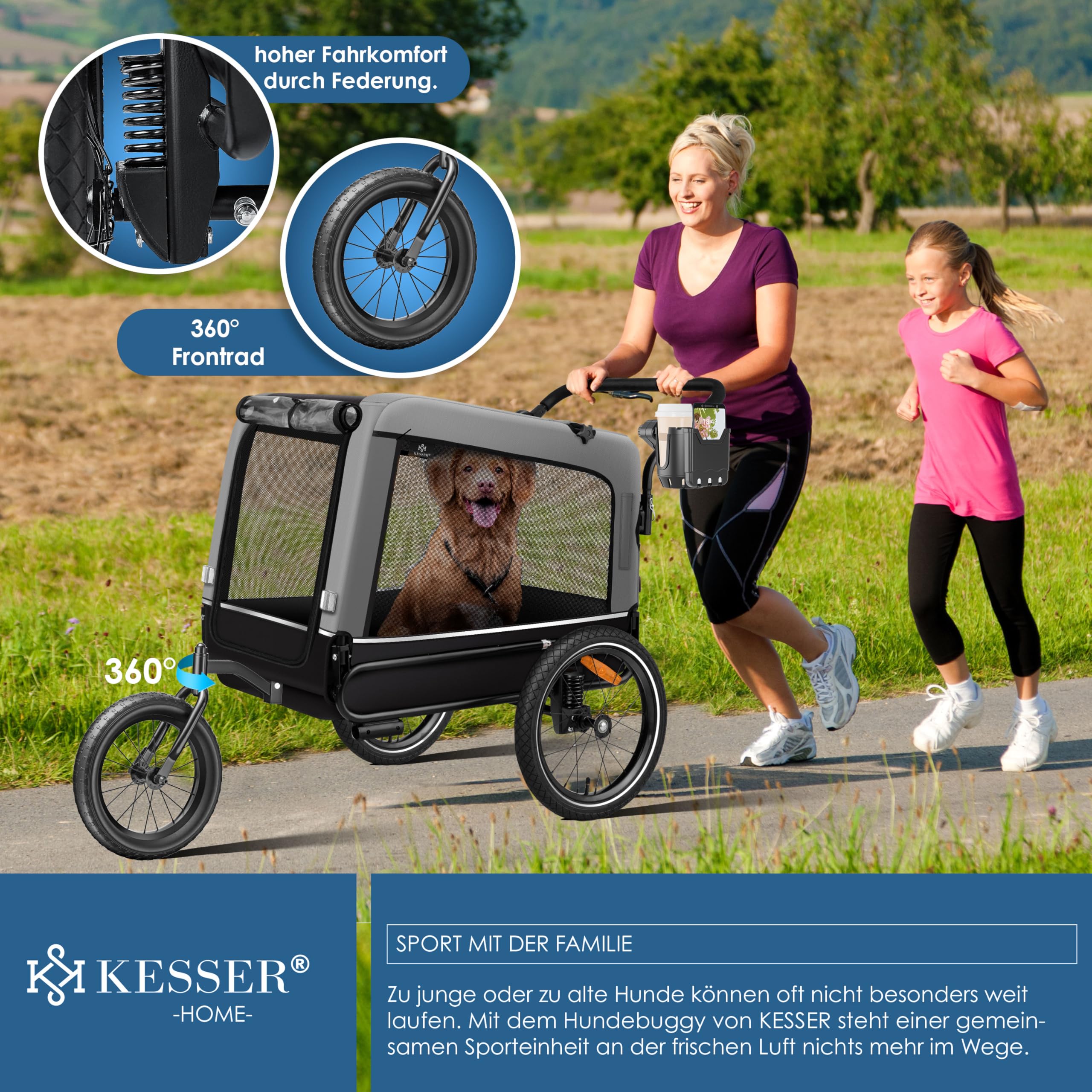 KESSER® Hundeanhänger Boxer 3-in-1 Hundebuggy & Jogger Fahrradanhänger groß ca. 240 Liter Volumen, gefedert, 360° Grad Vorderrad, 600D Oxford Canvas, SmartSpace Concept, maximale Belastbarkeit: 40 kg