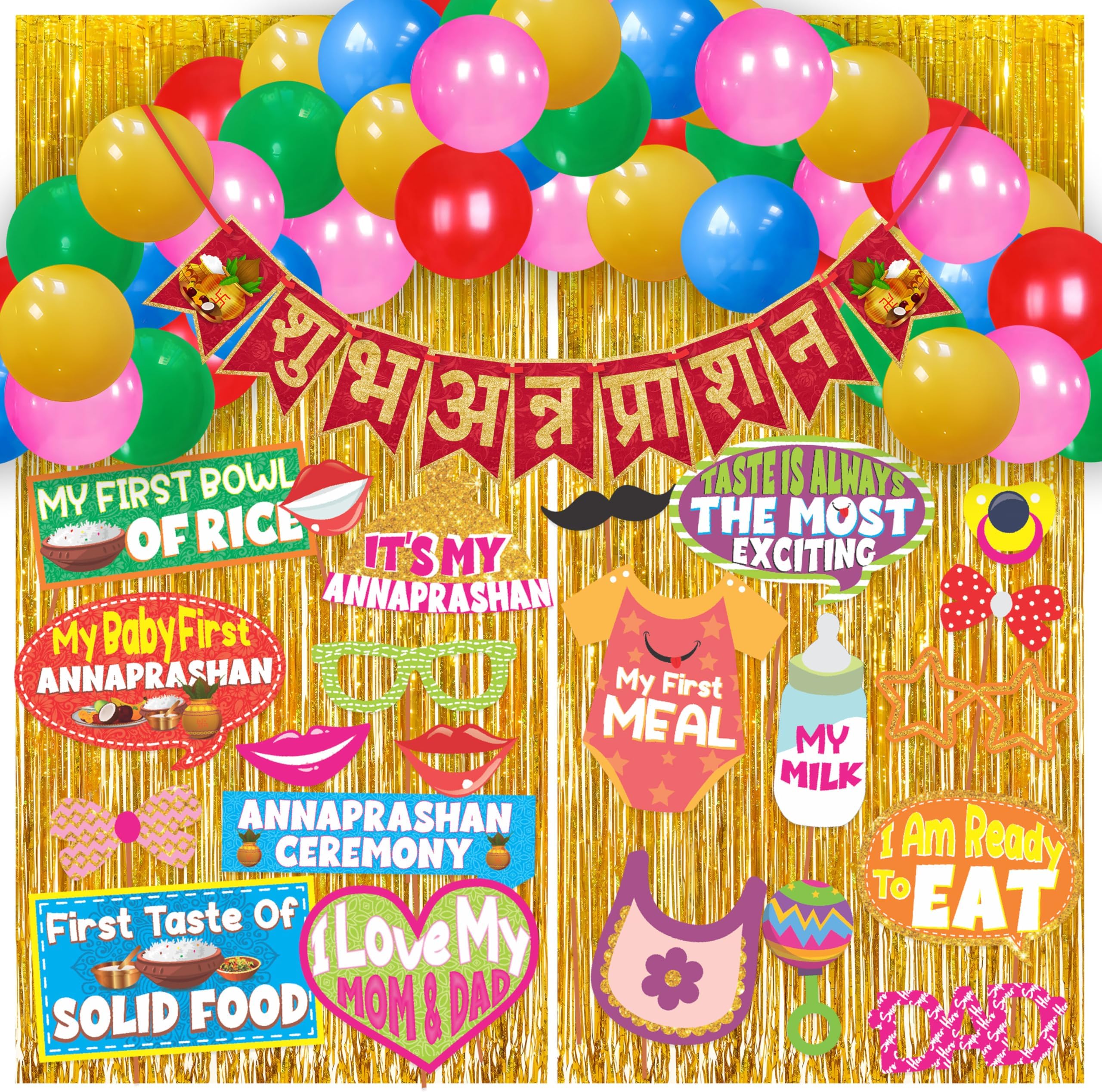 WOBBOX Annaprashan Party Props with Hindi Font Red & Golden Color Font Bunting Banner & Balloon & Foil Fringe, Annaprashan Decoration Item (44 Pcs Combo)