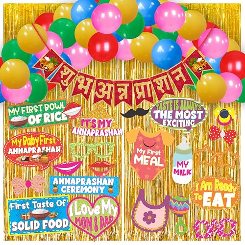 WOBBOX Annaprashan Party Props with Hindi Font Red & Golden Color Font Bunting Banner & Balloon & Foil Fringe, Annaprashan Decoration Item (44 Pcs Combo)