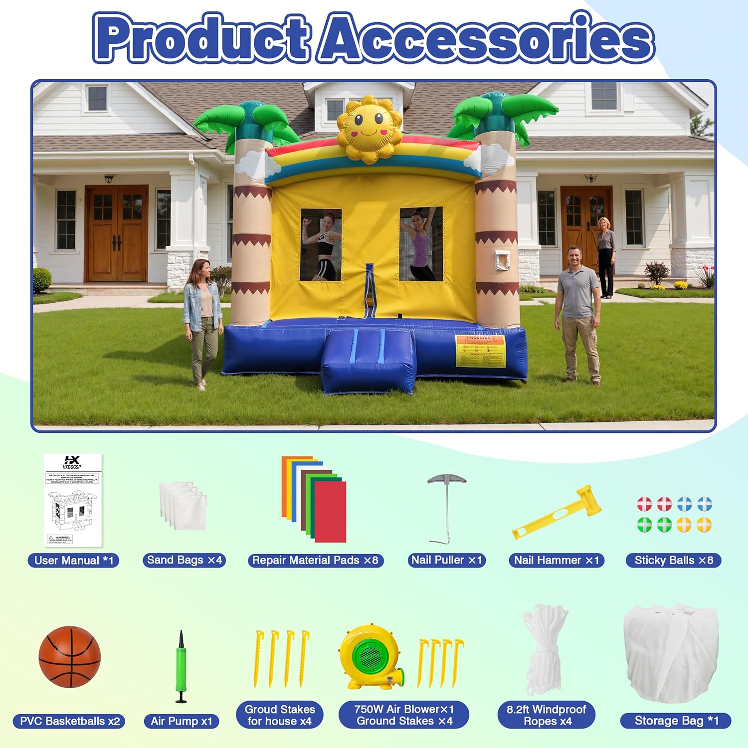 Inflatable Commercial Grade Bounce House: 13FT(L) Large Bouncy Castle for Adults and Teenagers - 750W Blower, Basketball Hoop, Premium PVC, Tropical Style - for Backyard Outdoor Indoor