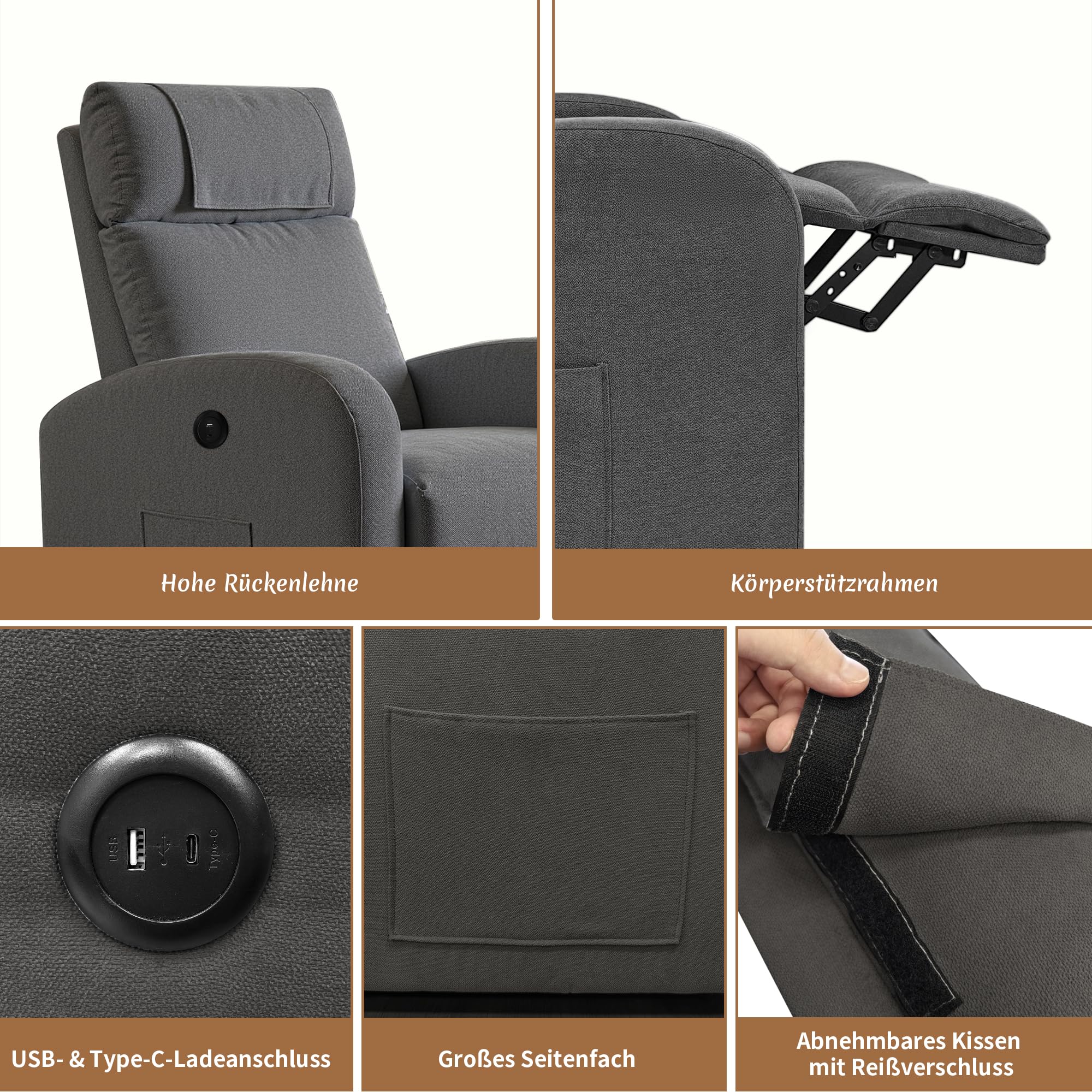 BonVache Relaxsessel, Fernsehsessel, Freizeitsessel mit USB- & Type-C-Ladeanschlüssen, verstellbare Rückenlehne und Fußstütze, Einzelsessel für Wohnzimmer, Schlafzimmer, Büro, Leinenstoff, Dunkelgrau