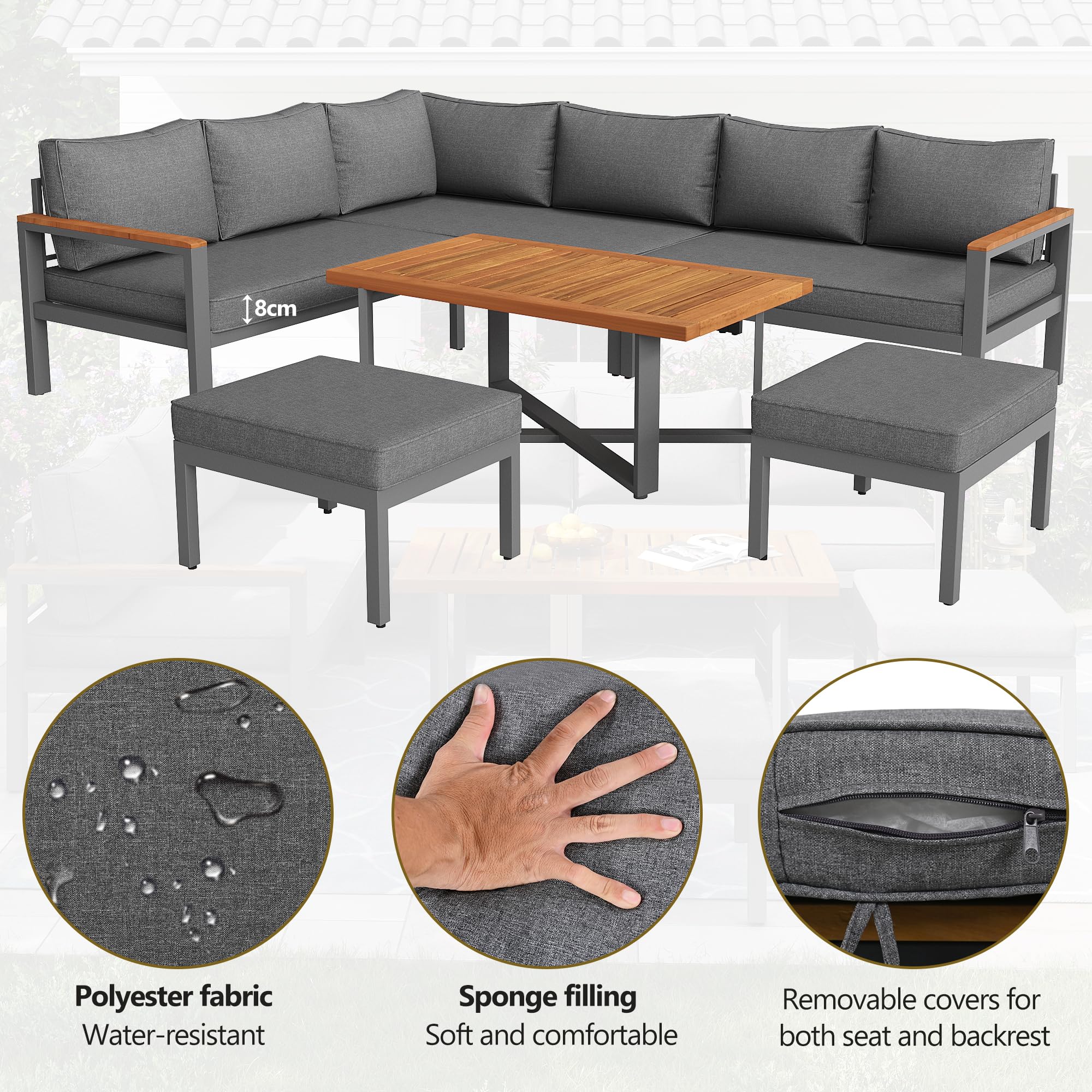 Set di mobili da esterno per 7-8 persone, divano angolare a forma di L con tavolino da caffè in legno e 2 sgabelli, set salvaspazio da giardino, soluzione per sedersi sul retro grigio