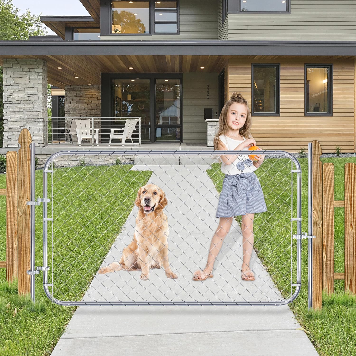 48 x 72 in Chain Link Fence Gate with Post, Adjustable Galvanized Chain Link Fence Panel, Fits 2-6 ft W x 7 ft H Garden Fence Gate Opening for Farm Yard Garden