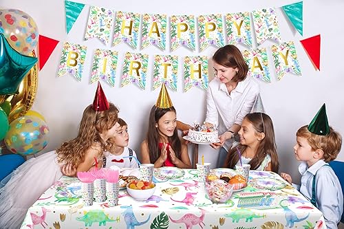 Vista 7 de Suministros de fiesta de cumpleaños de dinosaurios para niñas, decoraciones de fiesta de dinosaurios rosados, globos, pancartas de cumpleaños