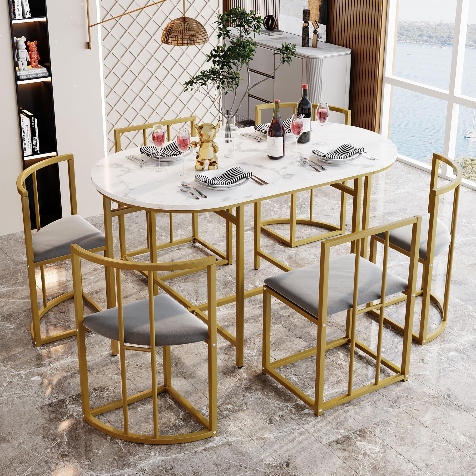 Juego de mesa de comedor blanco, sillas con 6 respaldos y tapicería gris, estructura de hierro chapado en oro, mesa de comedor y juego de sillas, moderno