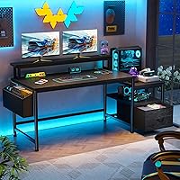 Vista 3 de EnHomee Escritorio para computadora de 57 pulgadas con cajones y espacio para impresora, escritorio de oficina con tomas de corriente, escritorios