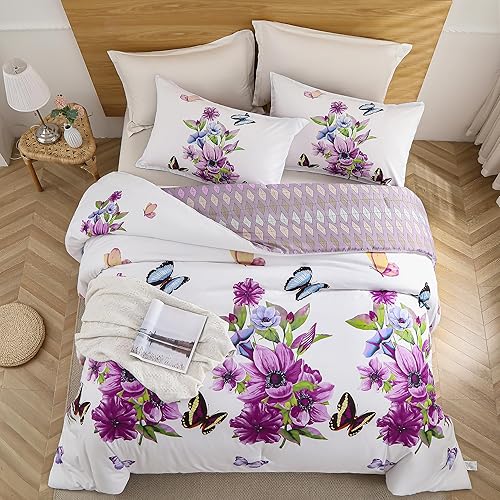 Miniatura 2 de Shatex Juego de ropa de cama de 2 piezas con edredón individual para todas las estaciones, edredón vintage de poliéster ultra suave, mariposa morada