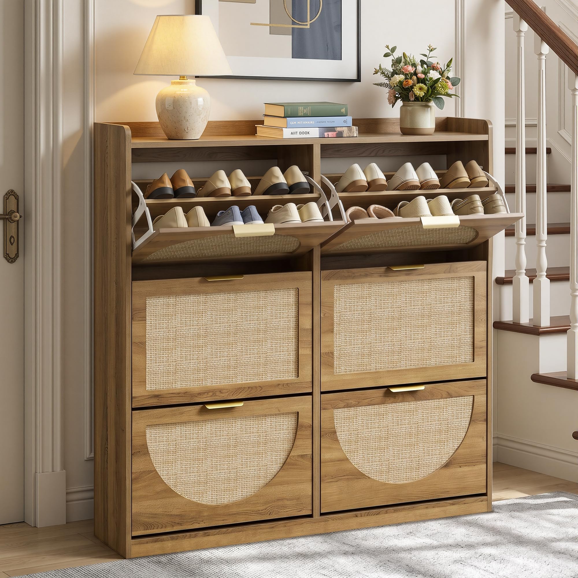 Rattan Shoe Cabinet with 6 Flip Drawers, Shoe Rack with Adjustable Shelve