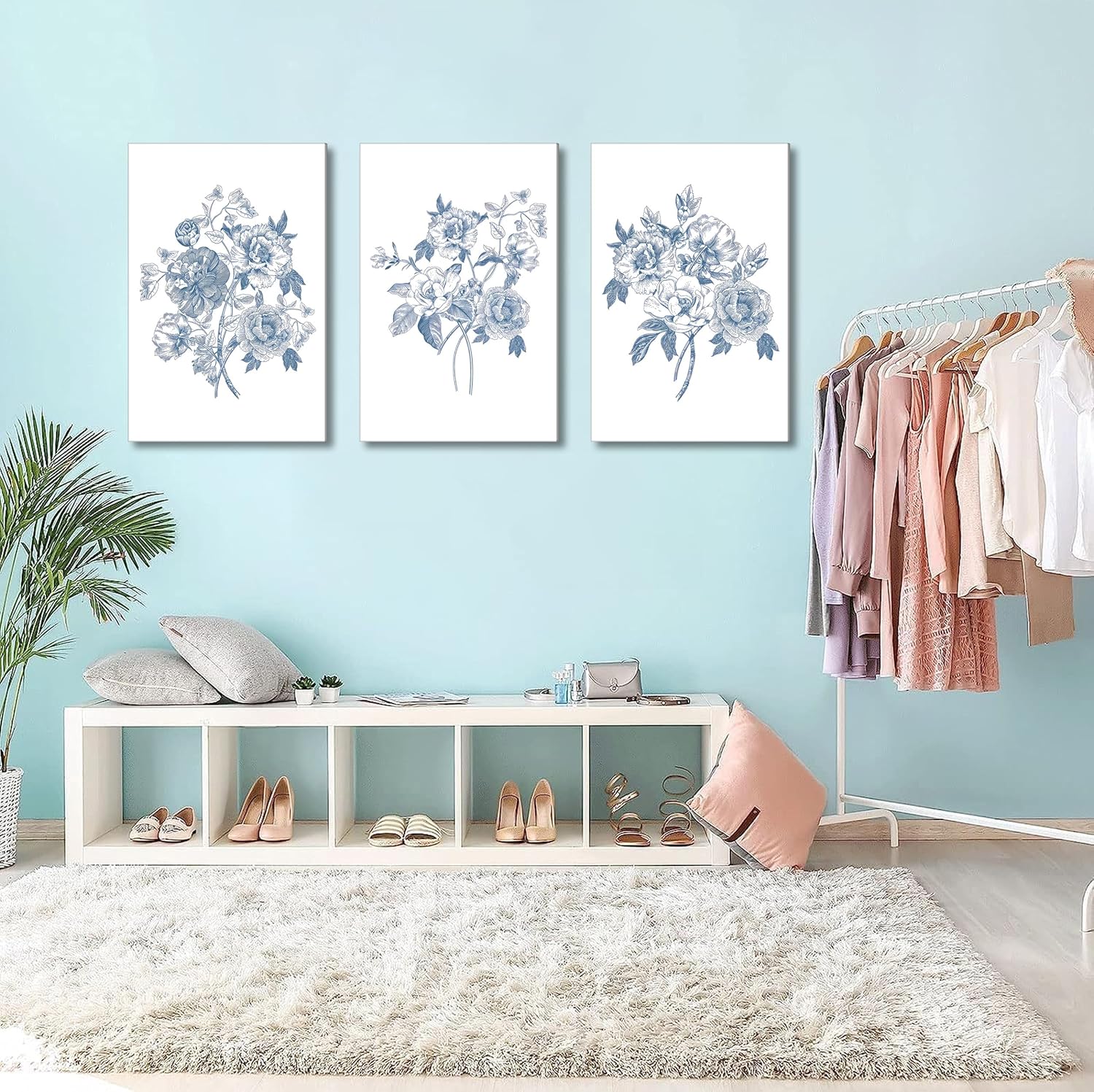 Blue Flower Canvas Wall Art Abstract Chinoiserie Floral Painting Picture Decor Minimalist Botanical Sketch Poster Print Artwork for Gallery Living Room Wall Home Decoration