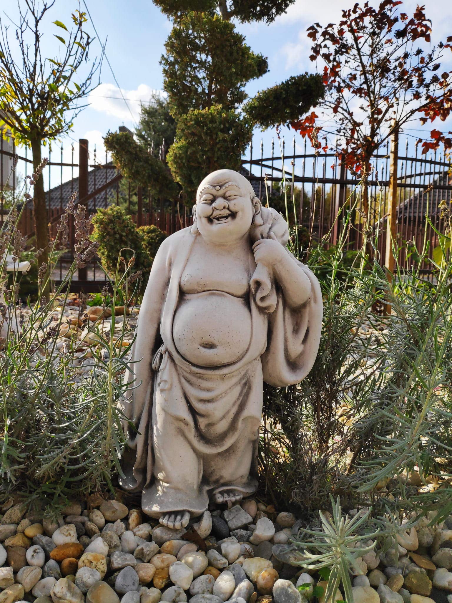 Statue en Pierre Ornement de Jardin Figurine de Joyeux Bouddha Voyageur