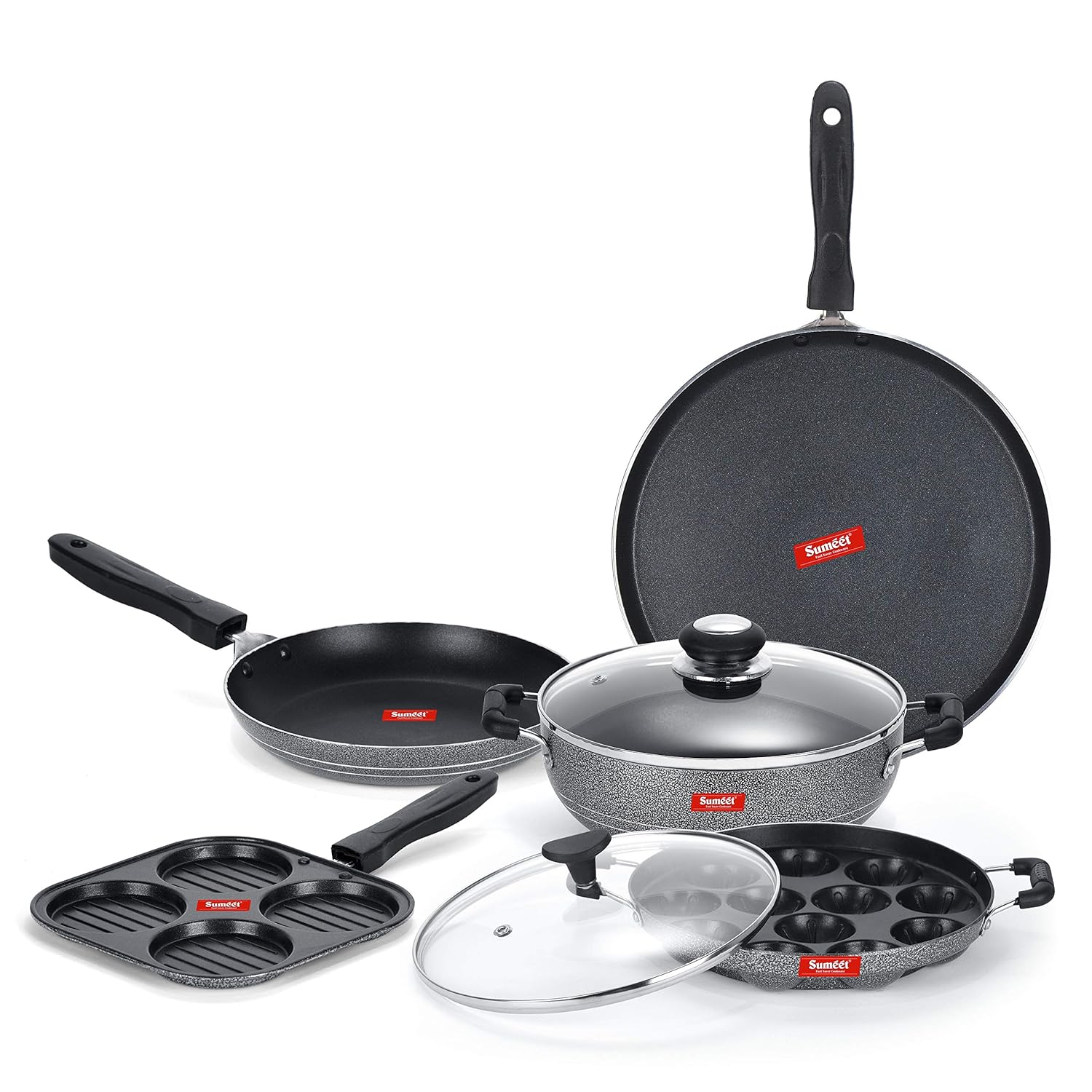 Sumeet NonStick Juodas Cookware Set(Dosa Tawa-26.5Cm Dia+Mini Multi Snack Maker-19.5cm+Kadhai with Glass Lid-22Cm Dia+Grill Appam Patra with Glass Lid-22cm Dia+Tapper pan-20Cm Dia)