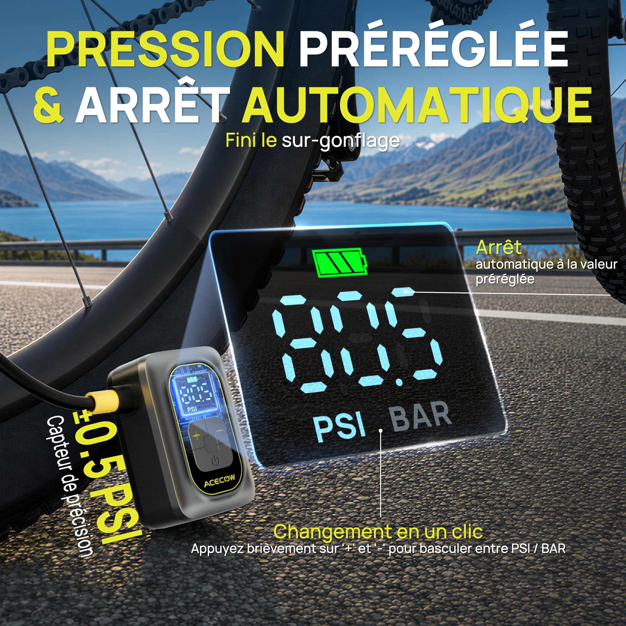Mini Pompe à Vélo Électrique,120 PSI Gonfleur Électrique Portable avec Manomètre & Arrêt Automatique,Rechargeable avec Flexible,Valve Presta & Schrader pour Vélo de Route,VTT,Gravel,E-Bike