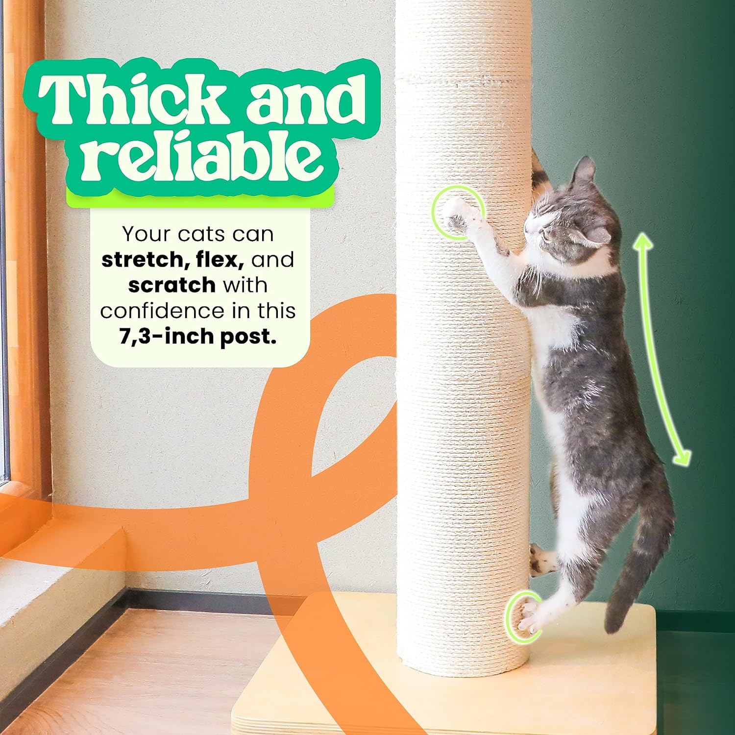 50" Tall Cat Scratching Post, Extra-Large Cat Scratch Post for Biggest Cats (Maine Coon), 7.3” Thick Post, 36lbs Weight, Solid Wood Base & Natural Sisal Rope