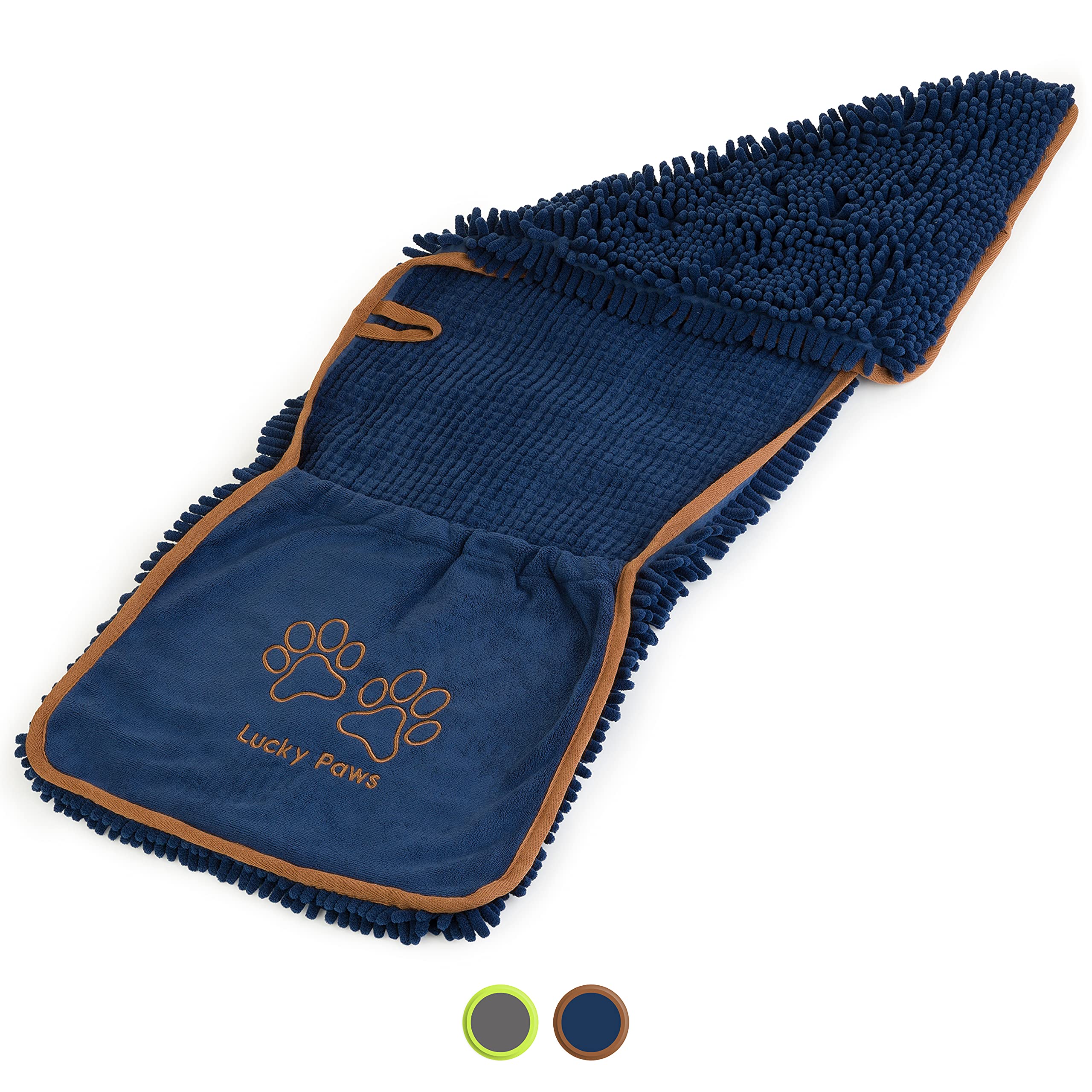 Lucky PawsDog Towel - Microfibre Chenille/Noodle Towels - UK Based Seller - Super Soft Pockets - Super Absorbent - Fast Drying - Pet/Puppy Grooming Accessories - 88x32cm (Pack of 1, Navy)