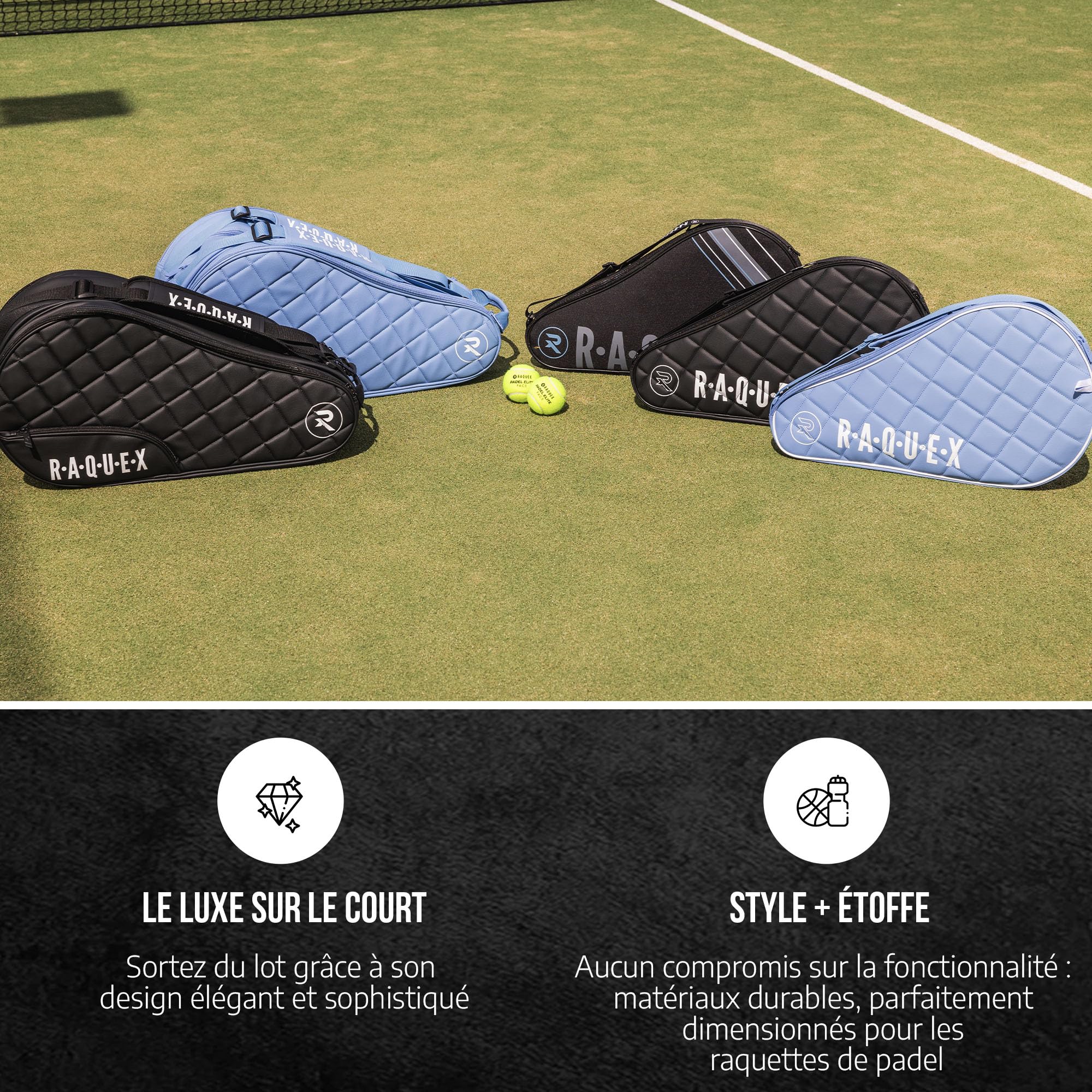 Raquex Sac de Padel matelassé Elite (jusqu'à 4 Raquettes) – Bleu ou Noir – Sac de Padel en Similicuir pour Homme et Femme Sac de Protection rembourré pour Raquette de Padel - Cadeau de Luxe