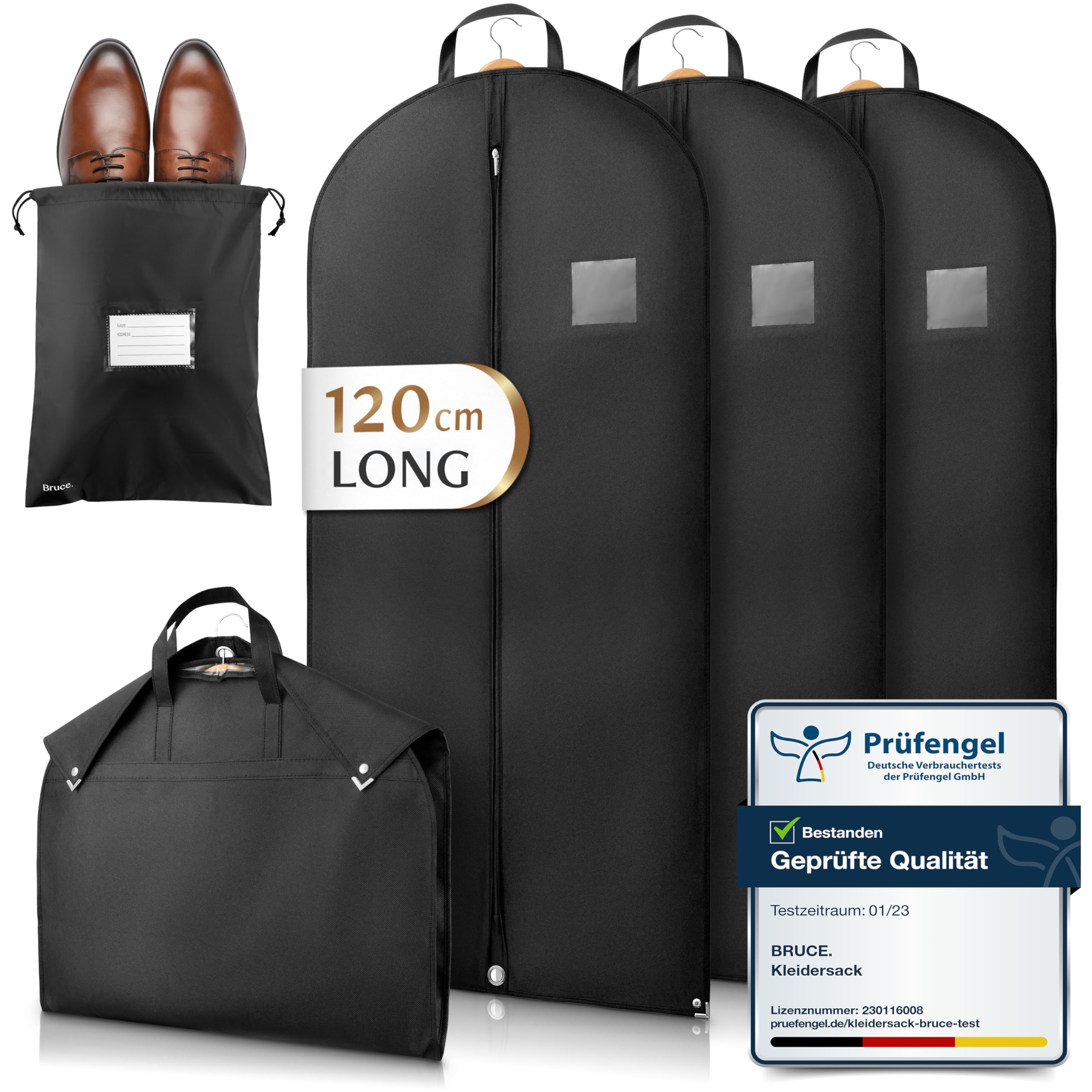 Bruce.® 3x Premium Garment Bags 120x60cm with 1x Shoe Bag, Breathable Clothes Cover for Suits, Dresses, Coats & Jackets, 120 GSM Heavy-Duty Material Perfect for Travel & Wardrobe Storage Bag