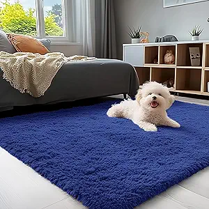 OLANLY 3x5 Machine Washable Small Bedside Rug, Soft Fluffy Shaggy Rugs for Living Room, Bedroom, Indoor Floor Carpet for Kids Girls and Boys, Preppy Dorms, Nursery, Home Decor Aesthetic, Navy Blue