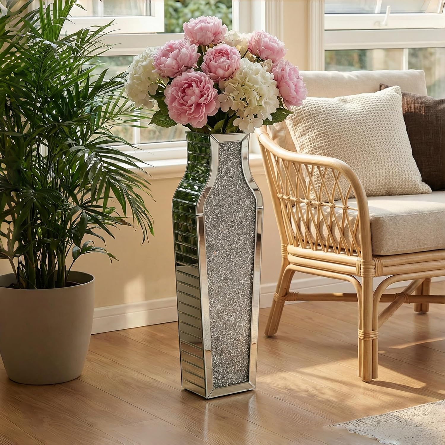 30" Large Double Sided Crushed Diamond Floor Vases,Tall Silver Mirrored Crystal Vase for Floor,Big Floor Vases Decorative Tall for Home,Office,Hotel(Silver,8.6" L x 5.3" W x 30" H)