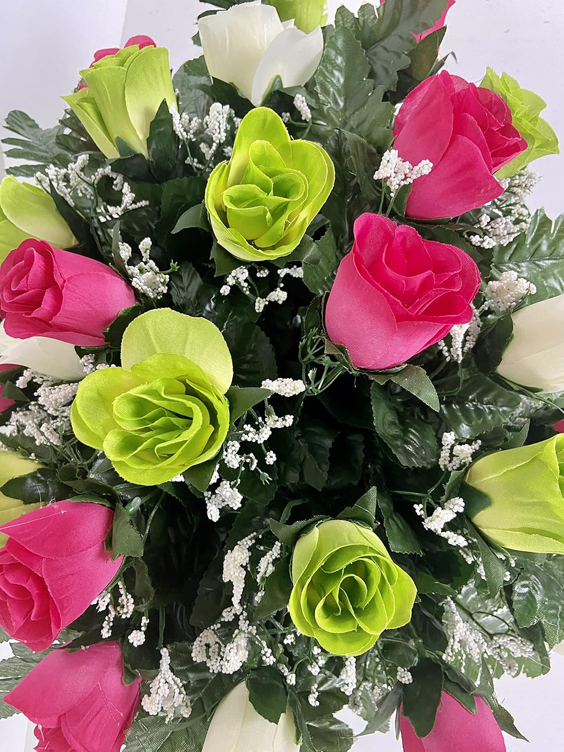 Small Cemetery Flowers for Headstone and Grave Decoration-Pink Green and White Rose Mix Saddle, Sympathy Flowers