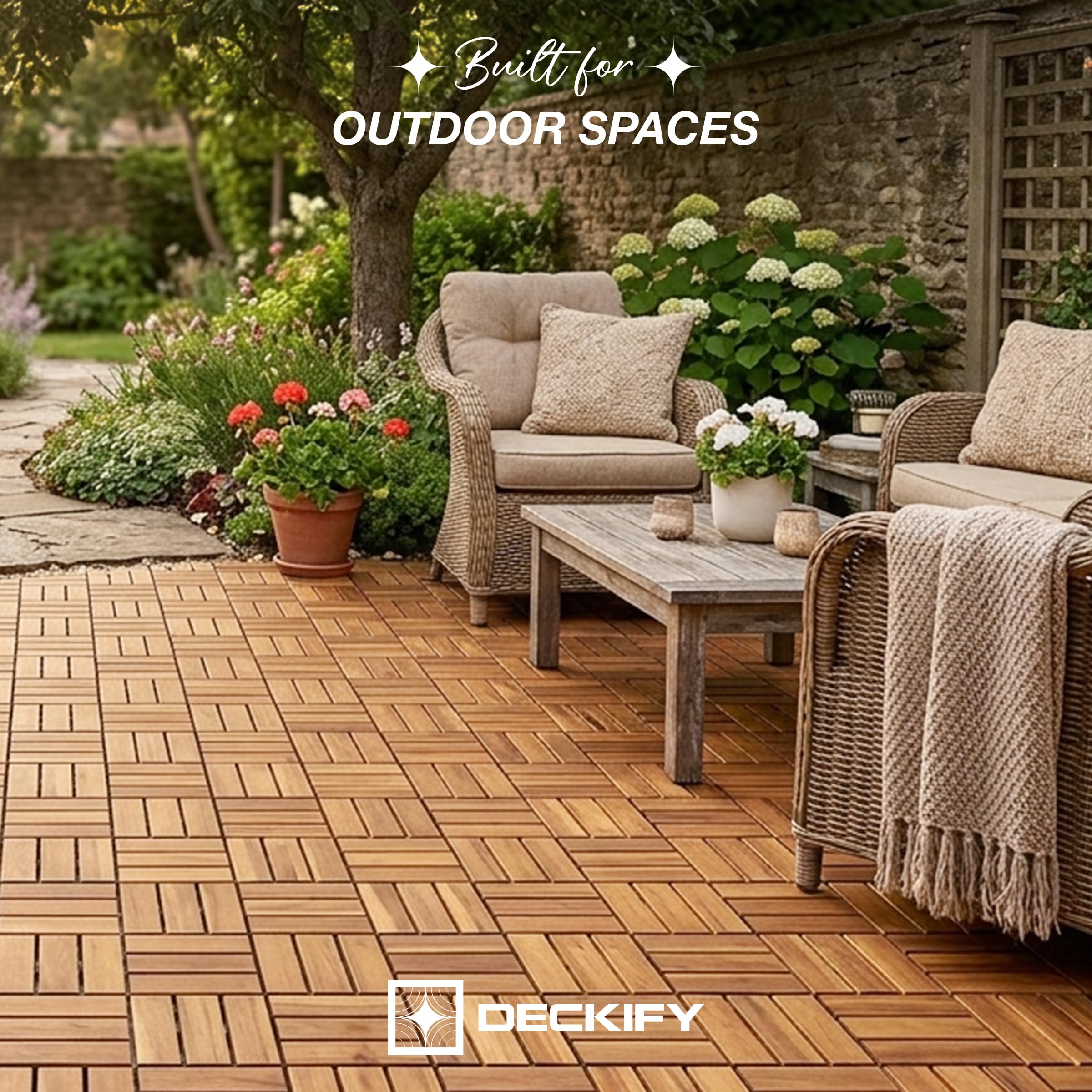 DECKIFY 9-Piece Acacia Wood Interlocking Deck Tiles, Golden Teak Crossed — product photo