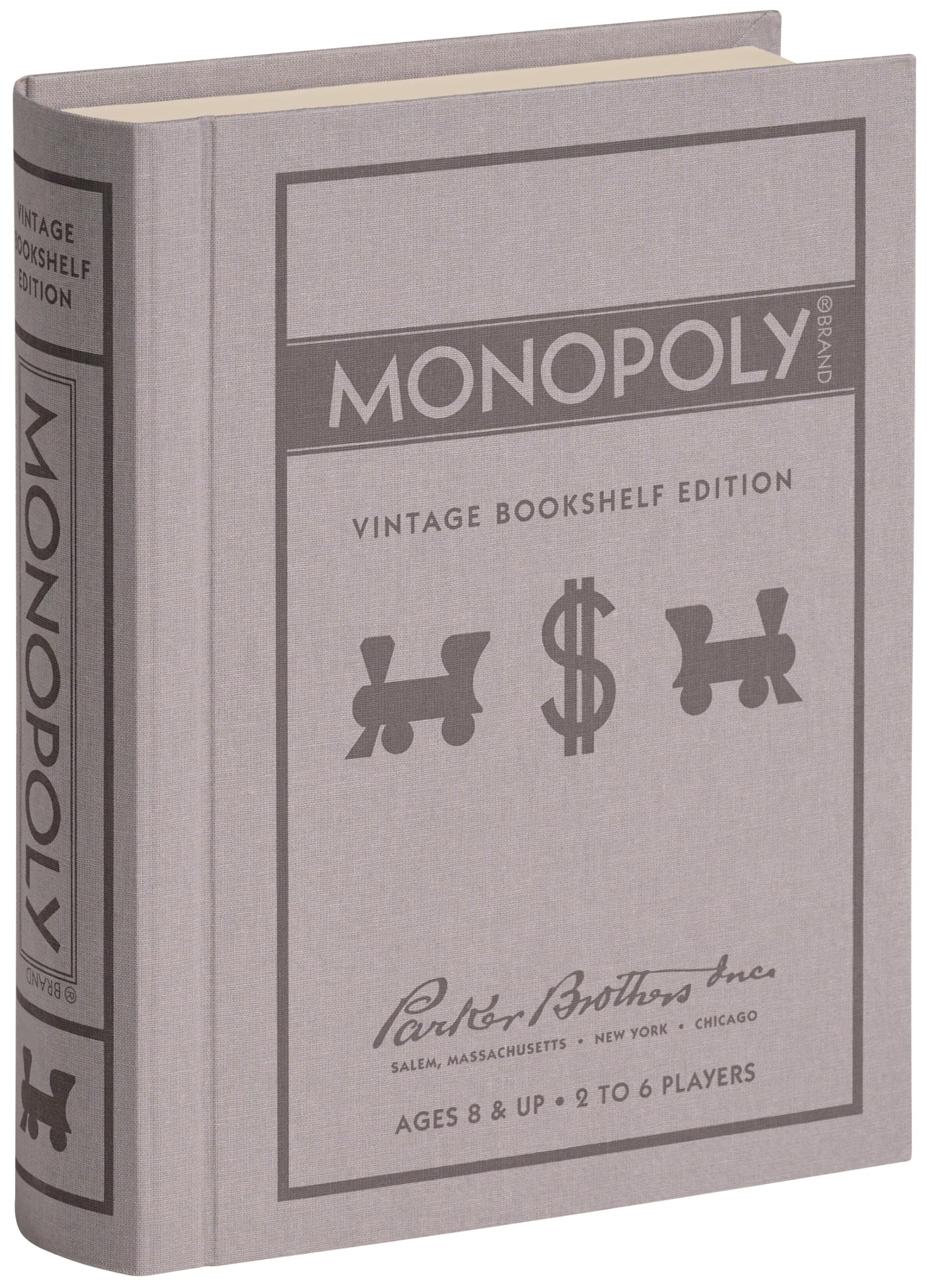 WS Game Company Monopoly Vintage Bookshelf Edition Board Game Premium Fabric-Wrapped Book Storage Box with Retro Graphics, Wooden Houses, Strategy Board Games for Kids, Adults & Family, Ages 8+