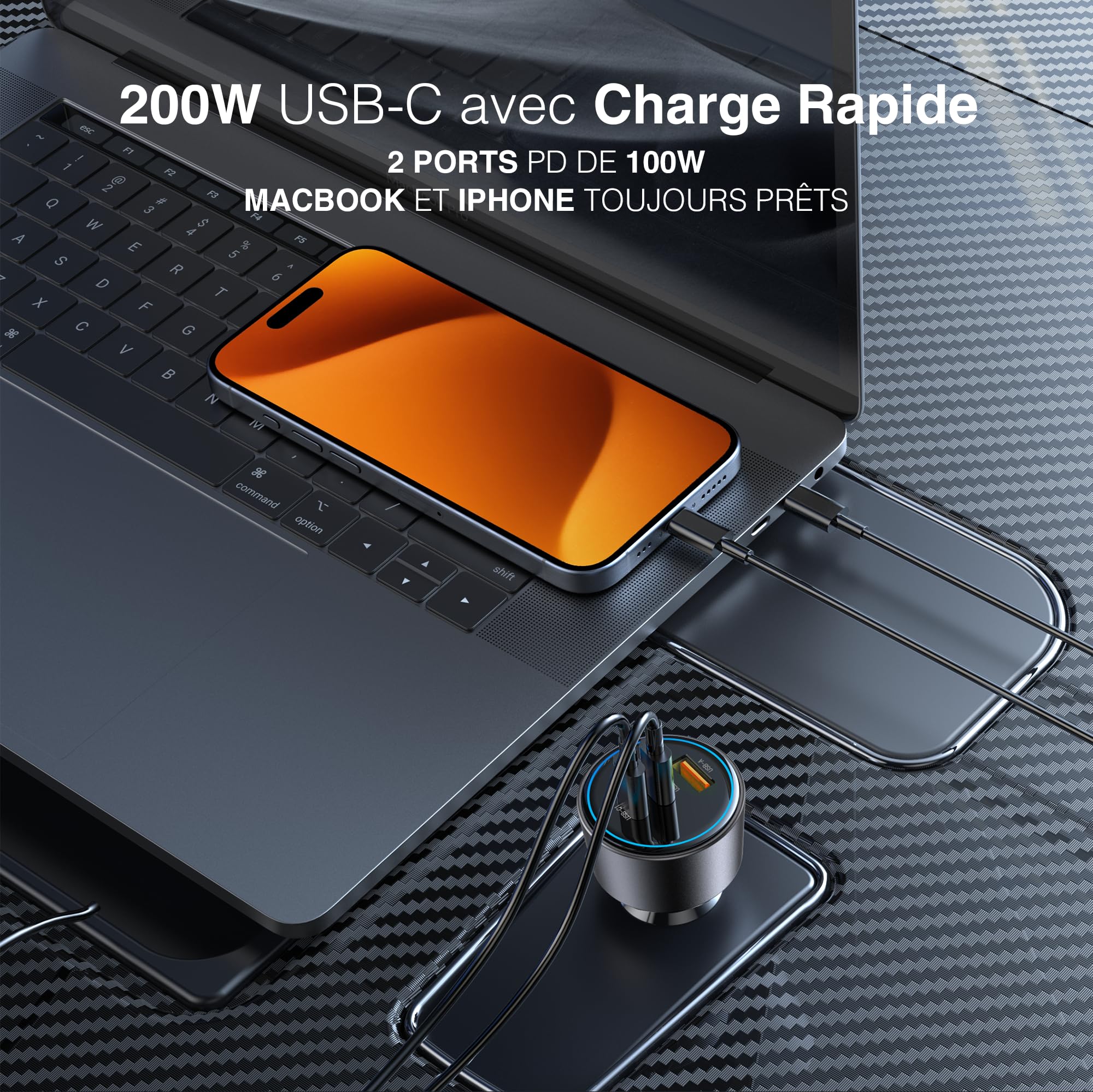 PORTENTUM Charger Allume Cigare USB C 200W Triple – Inclus Câble 100W USB-C – Charger Voiture – 2X USBC PD 100W + USBA QC 18W – Prise Allume Cigare 12V pour iPhone iPad MacBook Android