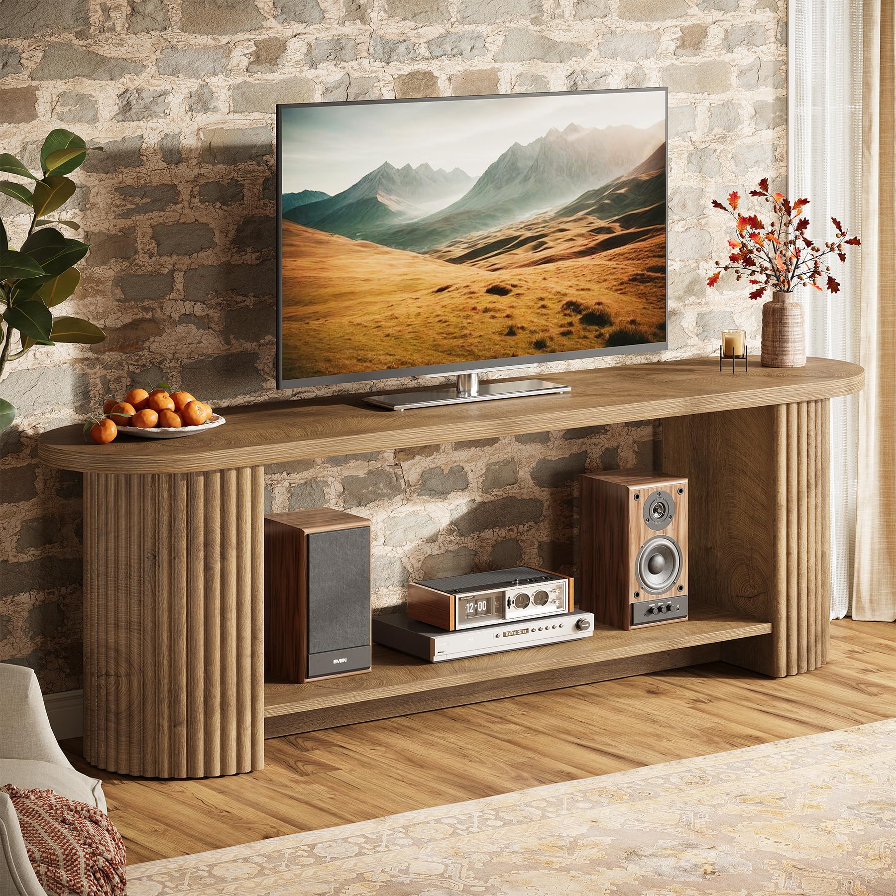 Tribesigns Mueble de TV de 160 cm, Mesa de TV de hasta 75 Pulgadas, Mueble para TV Rústico con Diseño Acanalado, Mueble Television con Almacenamiento para Salón, Dormitorio, Marrón