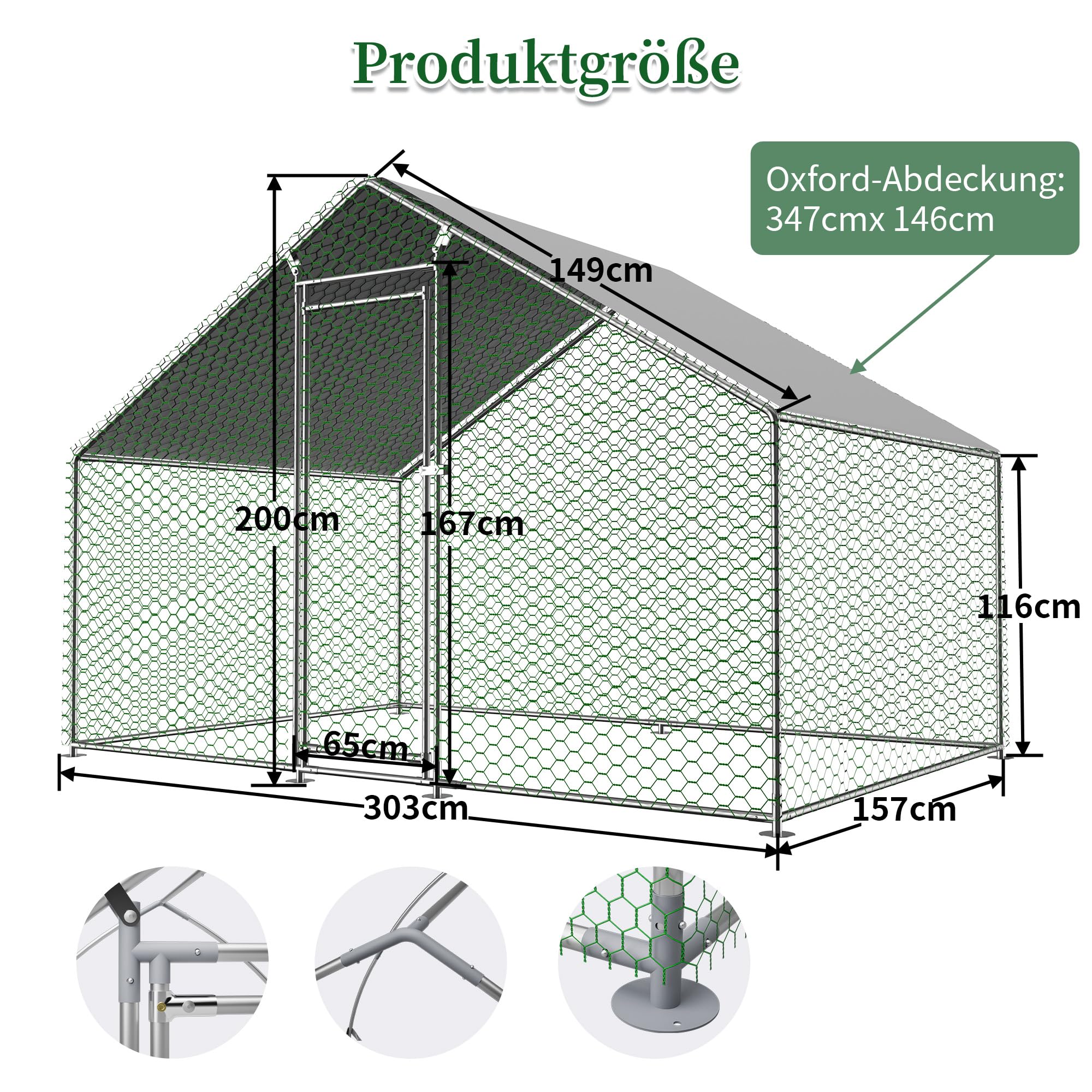 Hühnerstall Freilaufgehege 3x1,5x2m Wasserdicht PE-Plane Geneigtes Dach