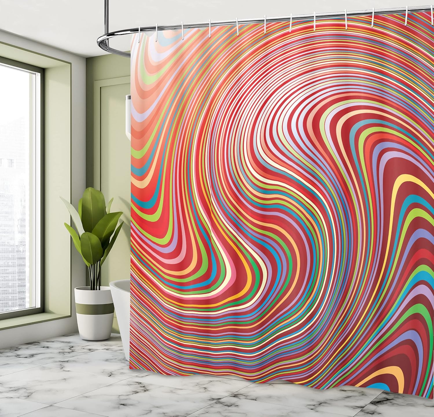 Ambesonne Abstract Shower Curtain, Abstract Swirled Colors Bands Twisted Stripes Waves Design Illustration, Cloth Fabric Bathroom Decor Set with Hooks, 69" W x 84" L, Multicolor