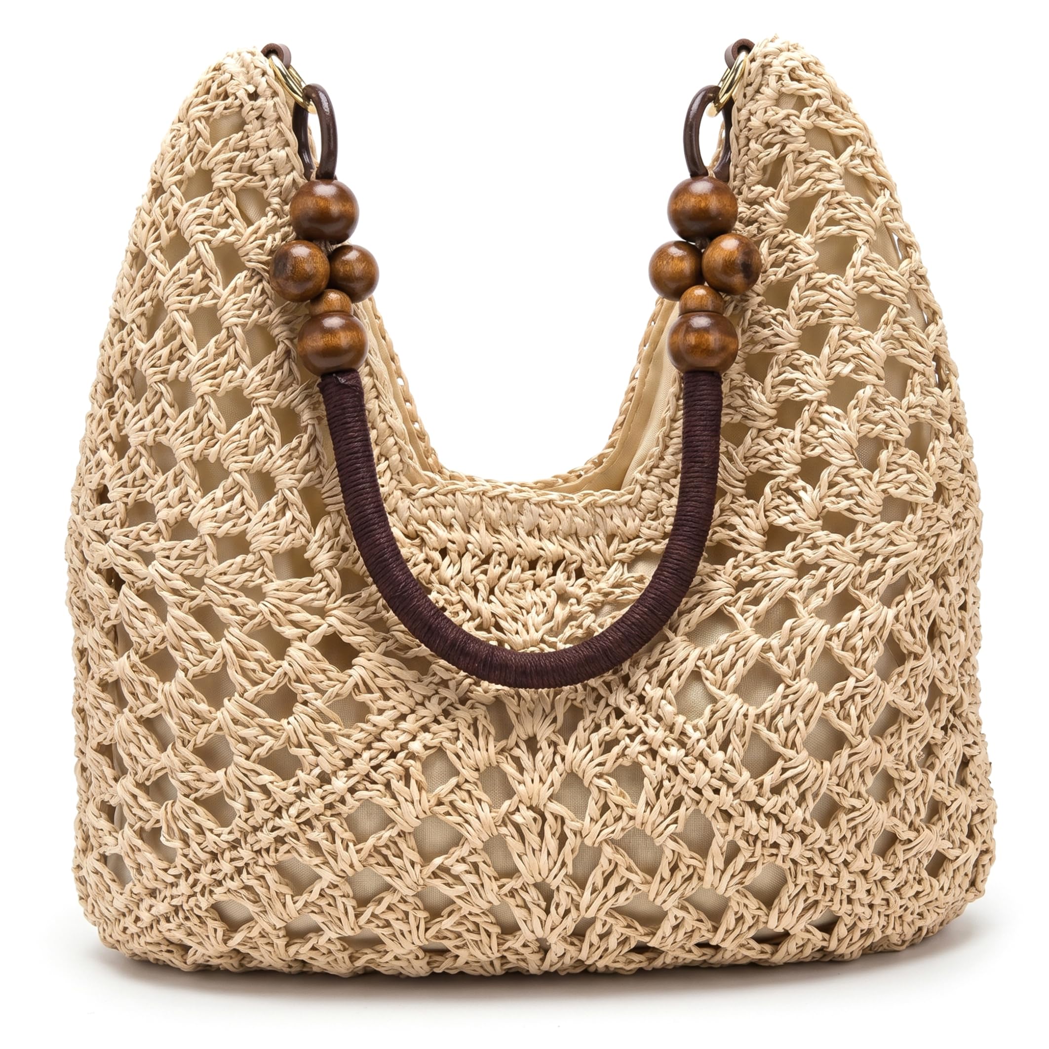 Striegro Woven Beach Bag, Large Capacity Straw Shoulder Bag With Natural Wood Bead, Stylish Straw Handbags for Summer Women - White..