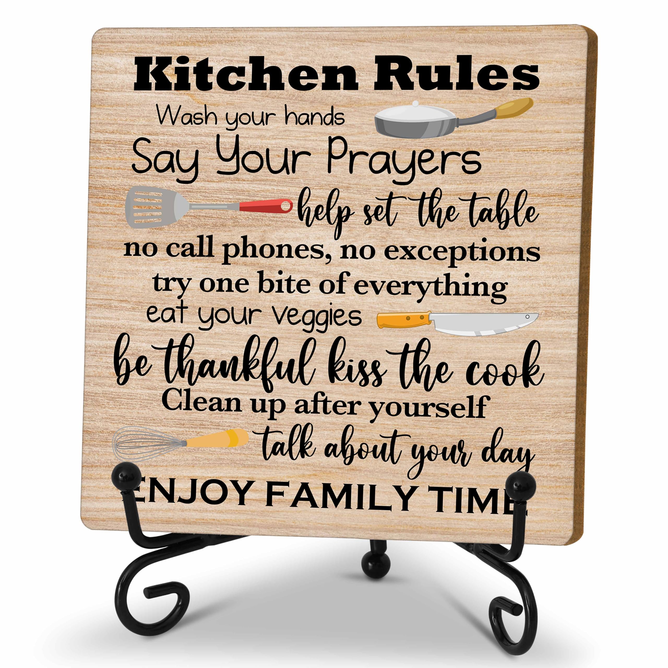 Zmyollo Kitchen Desk Decor Sign, Rustic Kitchen Wooden Sign With Stand, Kitchen Rules Sign For Farmhouse Home Kitchen Bar Shelf Table, Gifts For