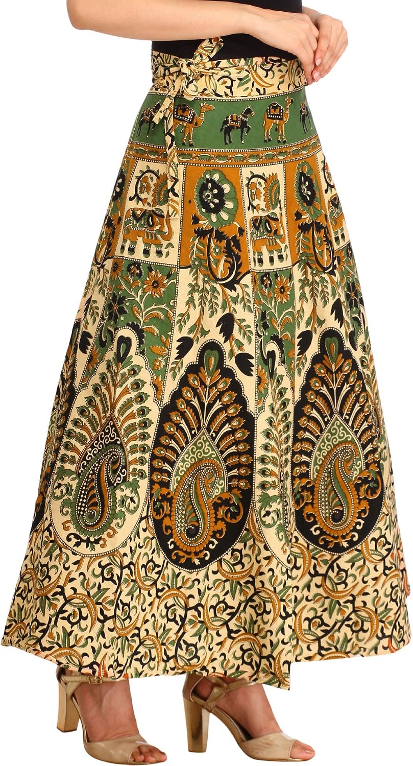 Exotic India Cream Floral Printed Wrap-Around Long Skir