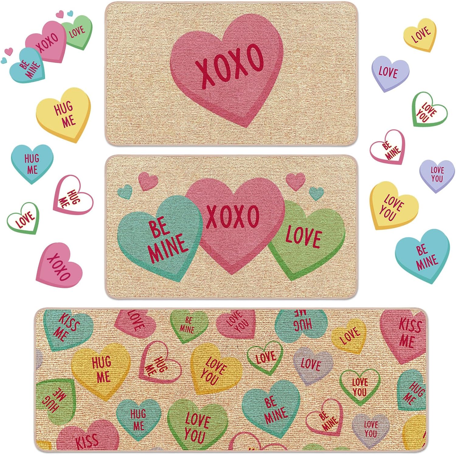 Dunzy 3 Pcs Valentin's Day Doormat Conversation Heart Door Mat with Anti-Slip Rubber Back Decorative Non Slip Rectangle Floor Mat Welcome Door Rug for Indoor Outdoor Entrance Floor Porch Supplies