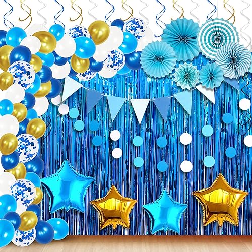 KatchOn, Juego de decoración de fiesta azul – Paquete de 164 | Kit de arco de globos blanco, azul y dorado con confeti | Serpentinas azules | Globo